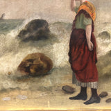 Woman at the Sea, Victorian Oil Painting in Gold Frame