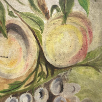 Peaches and Grapes, Antique Folk Art Oil on Board Painting