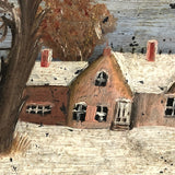 Pink House, Blue Sky, Old Folk Art Painting on Stone Slate