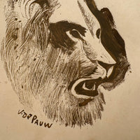 Ready to Roar, Small Mounted Lion Monoprint by Victor DePauw, c. Mid 20th Century
