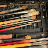 1880s Monogrammed Tin Painter's Box with Palette, Brushes, and Watercolor Tin