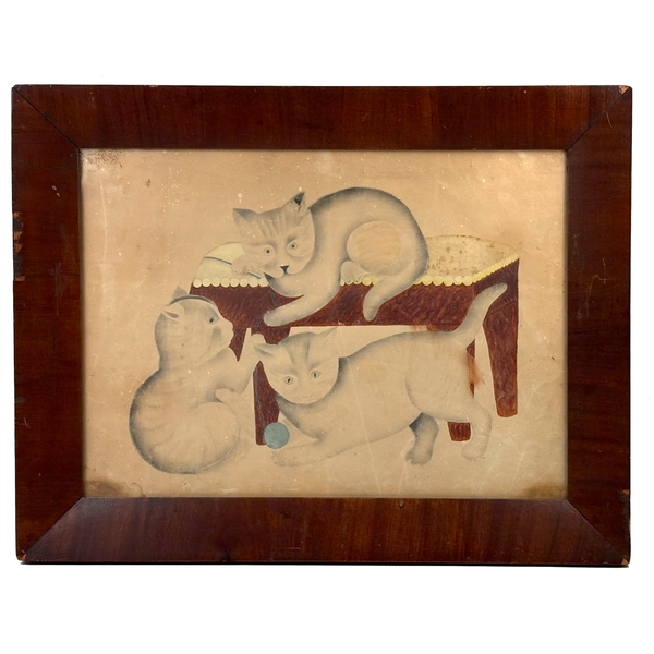 Three Cats with Blue String, c. 1870s Theorem Watercolor in Period Frame