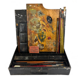 1880s Monogrammed Tin Painter's Box with Palette, Brushes, and Watercolor Tin