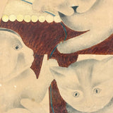 Three Cats with Blue String, c. 1870s Theorem Watercolor in Period Frame