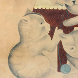 Three Cats with Blue String, c. 1870s Theorem Watercolor in Period Frame