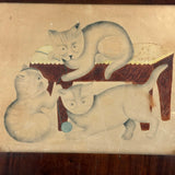 Three Cats with Blue String, c. 1870s Theorem Watercolor in Period Frame