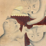 Three Cats with Blue String, c. 1870s Theorem Watercolor in Period Frame