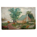 Pink Cottage, Water, Big Tree - Super Soft and Atmospheric Old Oil on Canvas Painting