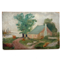 Pink Cottage, Water, Big Tree - Super Soft and Atmospheric Old Oil on Canvas Painting