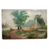 Pink Cottage, Water, Big Tree - Super Soft and Atmospheric Old Oil on Canvas Painting