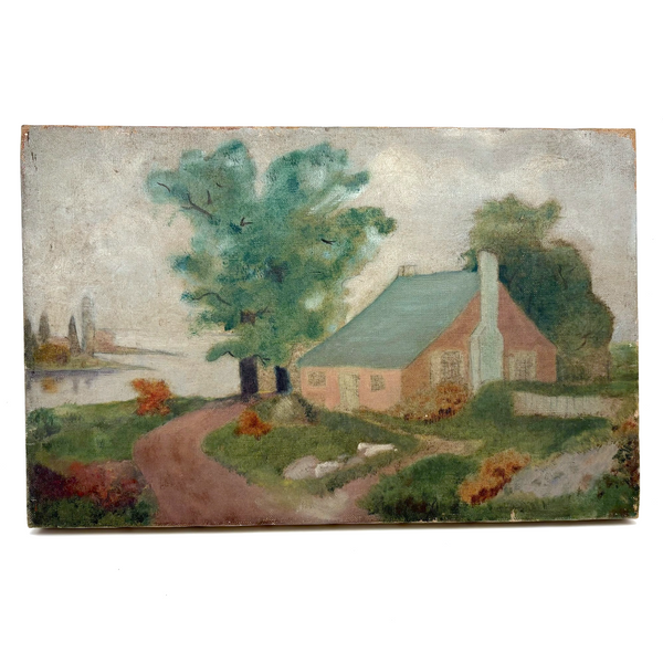 Pink Cottage, Water, Big Tree - Super Soft and Atmospheric Old Oil on Canvas Painting