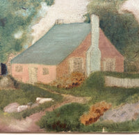 Pink Cottage, Water, Big Tree - Super Soft and Atmospheric Old Oil on Canvas Painting