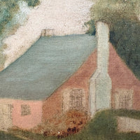 Pink Cottage, Water, Big Tree - Super Soft and Atmospheric Old Oil on Canvas Painting