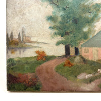 Pink Cottage, Water, Big Tree - Super Soft and Atmospheric Old Oil on Canvas Painting