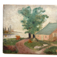 Pink Cottage, Water, Big Tree - Super Soft and Atmospheric Old Oil on Canvas Painting