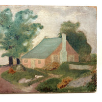 Pink Cottage, Water, Big Tree - Super Soft and Atmospheric Old Oil on Canvas Painting