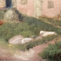Pink Cottage, Water, Big Tree - Super Soft and Atmospheric Old Oil on Canvas Painting