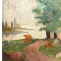 Pink Cottage, Water, Big Tree - Super Soft and Atmospheric Old Oil on Canvas Painting
