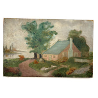 Pink Cottage, Water, Big Tree - Super Soft and Atmospheric Old Oil on Canvas Painting