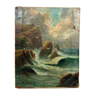 Rocky Shore and Gulls, Radiant Antique Varnished Seascape Signed E. Heaten