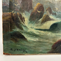 Rocky Shore and Gulls, Radiant Antique Varnished Seascape Signed E. Heaten