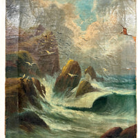 Rocky Shore and Gulls, Radiant Antique Varnished Seascape Signed E. Heaten