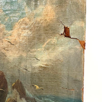 Rocky Shore and Gulls, Radiant Antique Varnished Seascape Signed E. Heaten