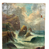 Rocky Shore and Gulls, Radiant Antique Varnished Seascape Signed E. Heaten