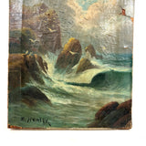 Rocky Shore and Gulls, Radiant Antique Varnished Seascape Signed E. Heaten