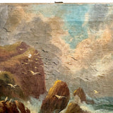 Rocky Shore and Gulls, Radiant Antique Varnished Seascape Signed E. Heaten