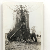 Man vs. Giant Wooden Snake, Curious c. 1940s Snapshot Photo
