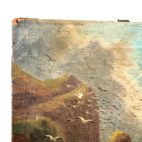 Rocky Shore and Gulls, Radiant Antique Varnished Seascape Signed E. Heaten
