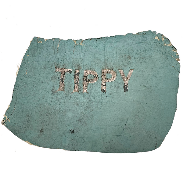 TIPPY, Much Weathered White on Baby Blue Painted Canvas Canoe Siding Fragment