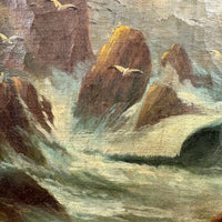 Rocky Shore and Gulls, Radiant Antique Varnished Seascape Signed E. Heaten
