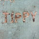 TIPPY, Much Weathered White on Baby Blue Painted Canvas Canoe Siding Fragment
