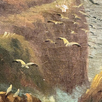 Rocky Shore and Gulls, Radiant Antique Varnished Seascape Signed E. Heaten