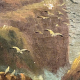 Rocky Shore and Gulls, Radiant Antique Varnished Seascape Signed E. Heaten