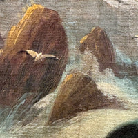 Rocky Shore and Gulls, Radiant Antique Varnished Seascape Signed E. Heaten