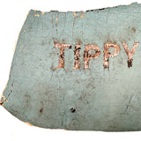TIPPY, Much Weathered White on Baby Blue Painted Canvas Canoe Siding Fragment