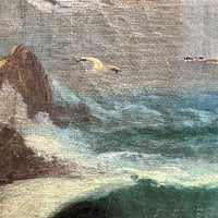 Rocky Shore and Gulls, Radiant Antique Varnished Seascape Signed E. Heaten