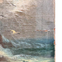 Rocky Shore and Gulls, Radiant Antique Varnished Seascape Signed E. Heaten