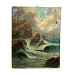 Rocky Shore and Gulls, Radiant Antique Varnished Seascape Signed E. Heaten