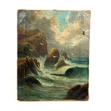 Rocky Shore and Gulls, Radiant Antique Varnished Seascape Signed E. Heaten