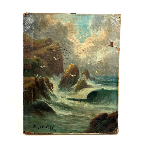 Rocky Shore and Gulls, Radiant Antique Varnished Seascape Signed E. Heaten