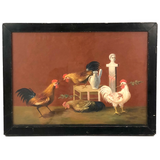 Allegorical Rooster Drama with Statue, Strange Antique Oil on Canvas, Framed