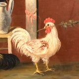 Allegorical Rooster Drama with Statue, Strange Antique Oil on Canvas, Framed