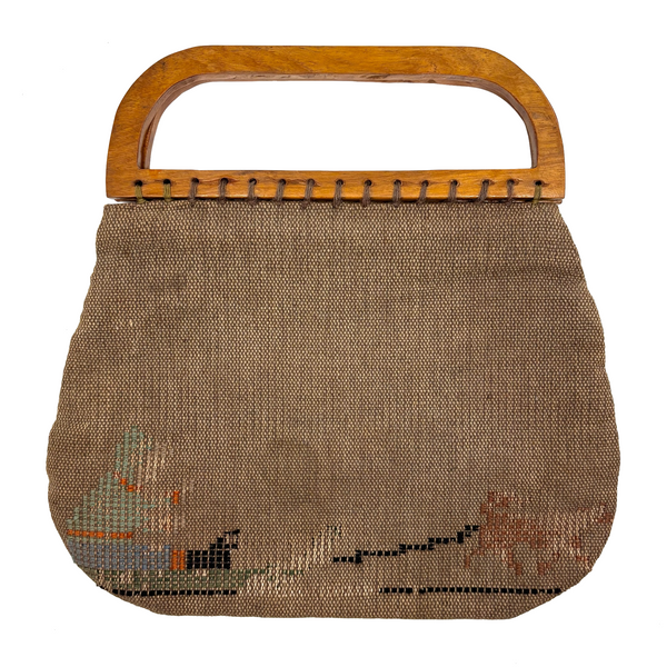 Scarce Grenfell Mission Wooden Handle Clutch with Needlepoint Dog and Figure in Green Parka