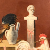 Allegorical Rooster Drama with Statue, Strange Antique Oil on Canvas, Framed