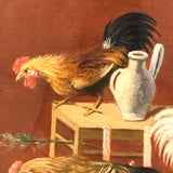 Allegorical Rooster Drama with Statue, Strange Antique Oil on Canvas, Framed