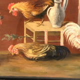 Allegorical Rooster Drama with Statue, Strange Antique Oil on Canvas, Framed